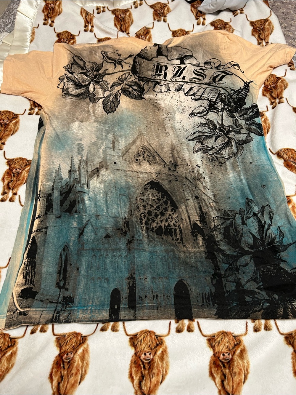 Graphic Cathedral Floral Tee in Peach and Teal